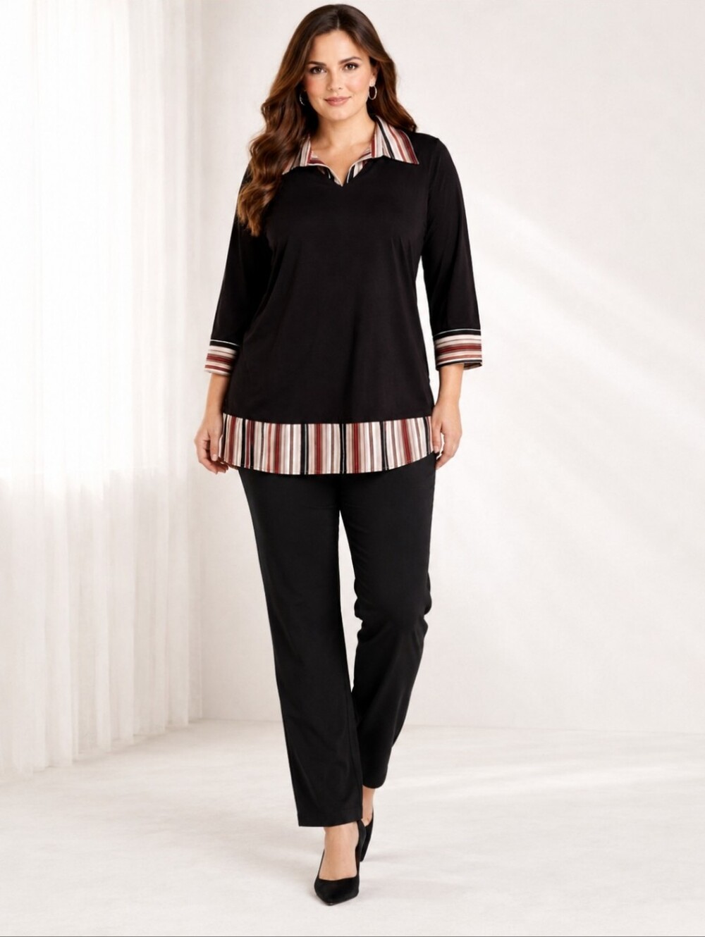 Canda | Black Sweater Blouse Tunic Striped Hem Detail | Effortless Chic Plus